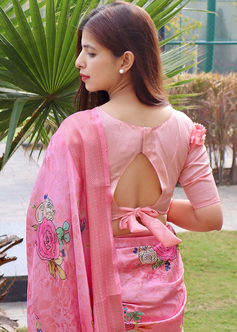 Lavender Pink Floral Printed Soft Silk Saree