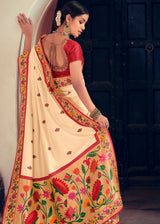 Apricot Cream Handloom Banarasi Paithani Fusion Saree