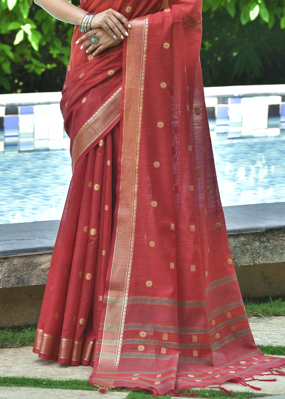 Buy MySilkLove Sienna Red Zari Woven Cotton Saree Online