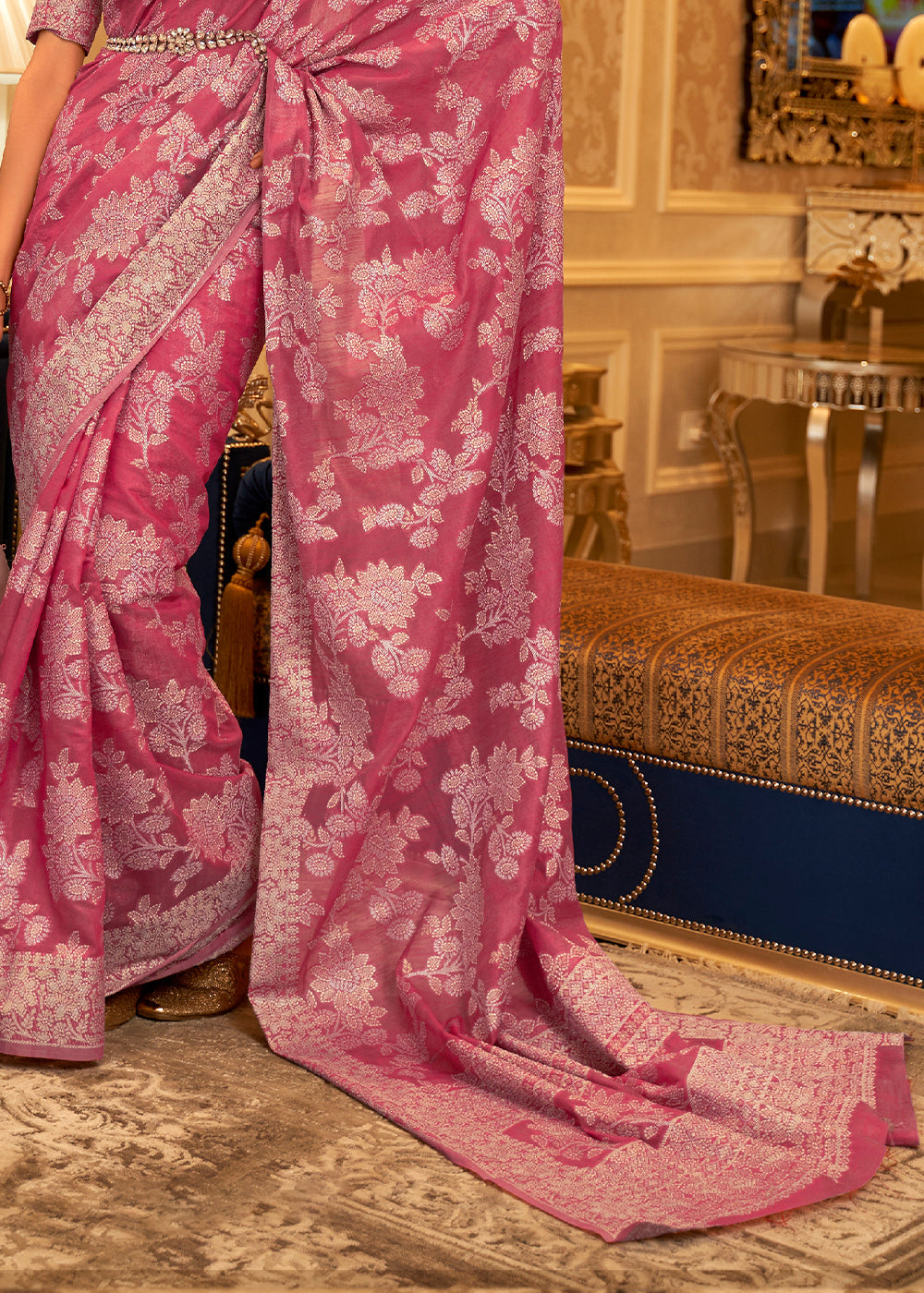 Buy MySilkLove Fuzzy Pink Woven Chikankari Saree Online