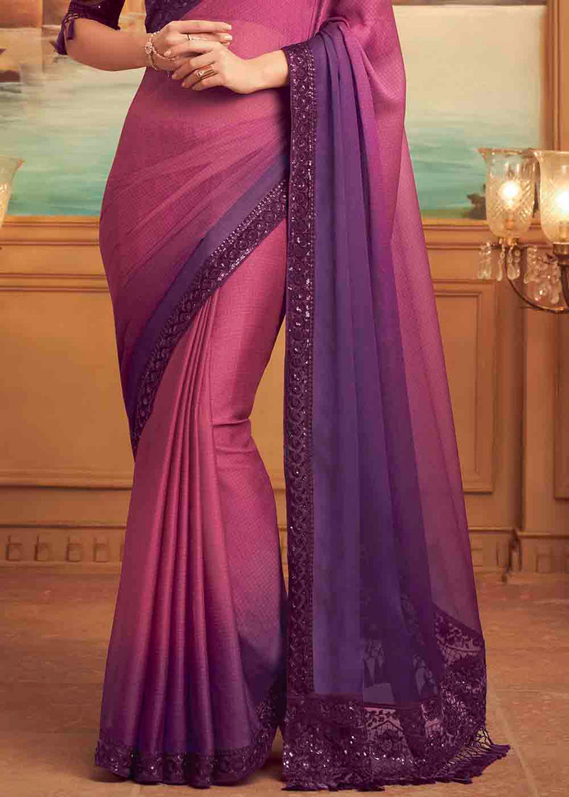 Camelot Pink Purple Embroidered Satin Silk Designer Saree