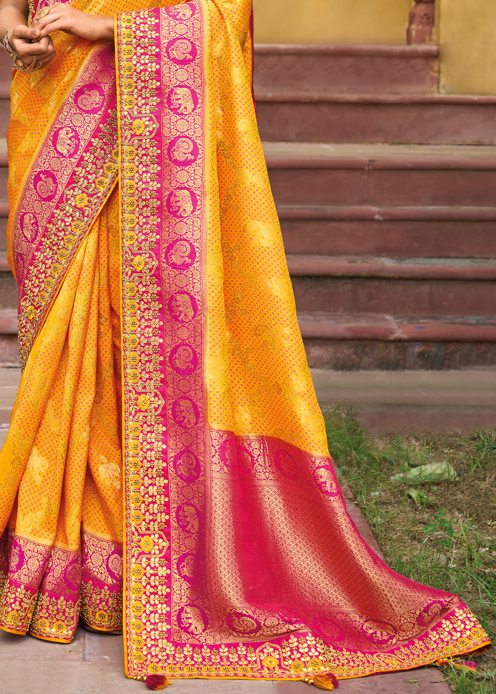 Buy MySilkLove Sea Yellow and Pink Embroidered Dola Silk Saree Online