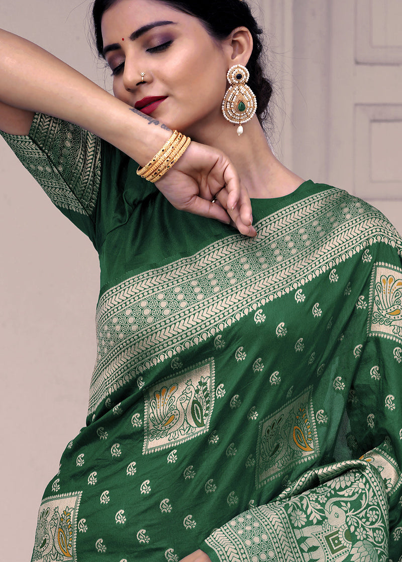 Everglade Green Woven Embroidered Satin Silk Saree – MySilkLove
