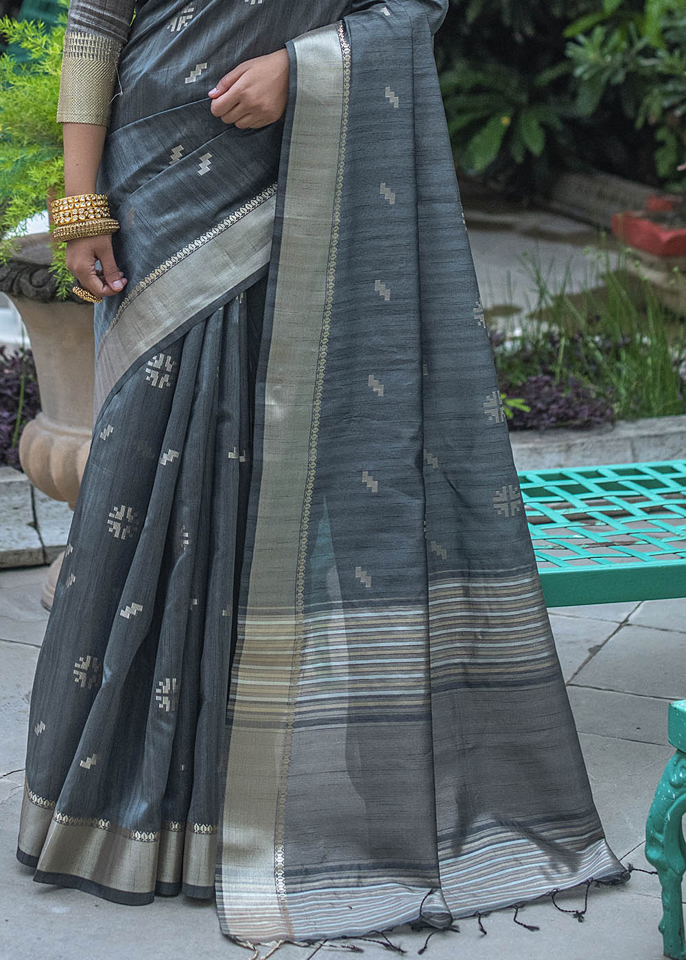 Buy MySilkLove Black Coral Grey Zari Woven Tussar Silk Saree Online