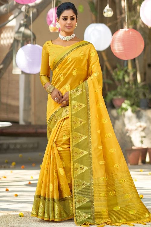 Buy MySilkLove Fuel Yellow Organza Saree Online