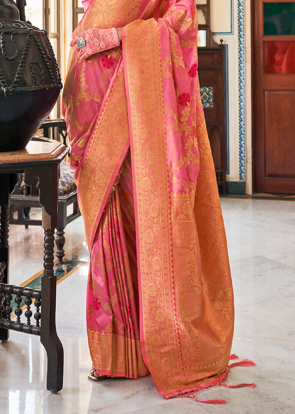 Buy MySilkLove Mandy Pink Zari Woven Dola Silk Saree Online