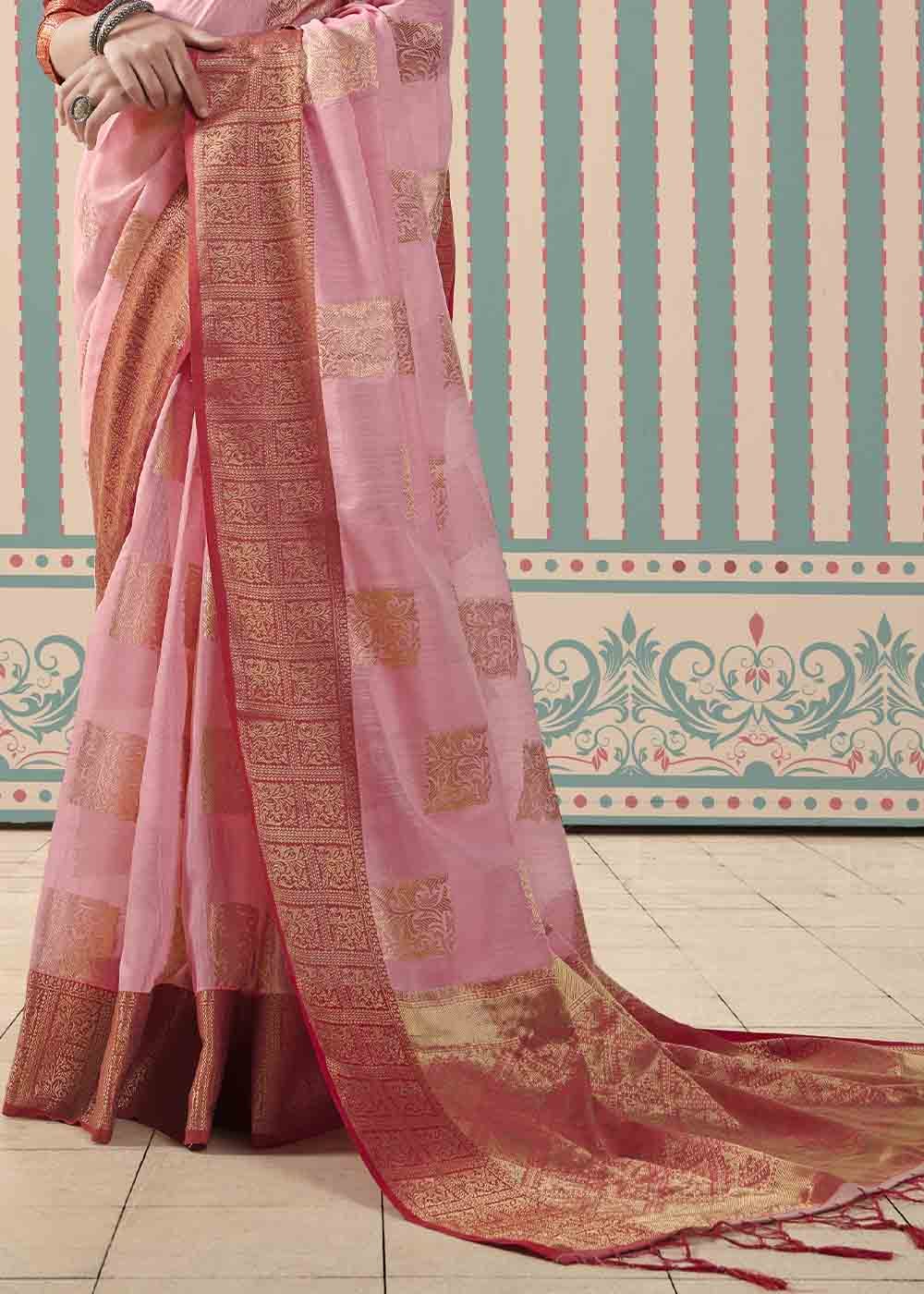 Buy MySilkLove Shilo Pink and Red Zari Woven Linen Saree Online