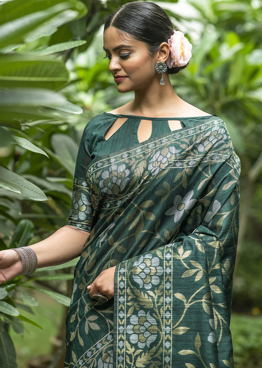 Buy MySilkLove Asparagus Green Zari Woven Floral Tussar Saree Online