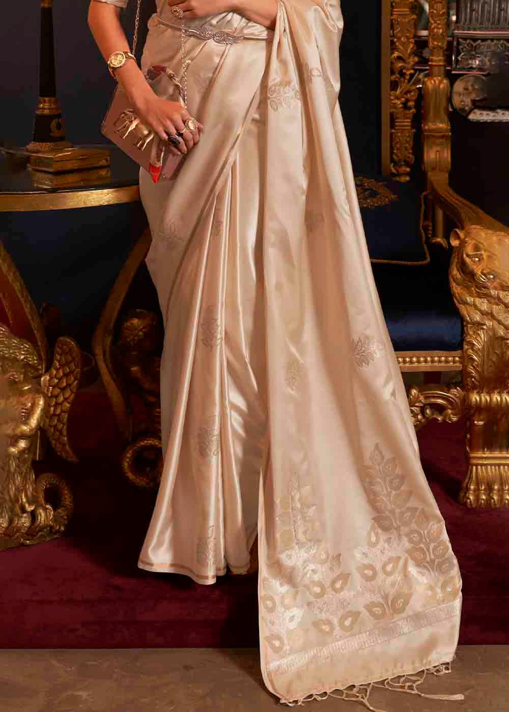 Buy MySilkLove Cameo Cream Zari Woven Banarasi Satin Silk Saree Online