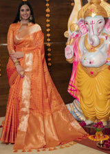 Terracotta Orange Zari Woven Banarasi Soft Silk Saree