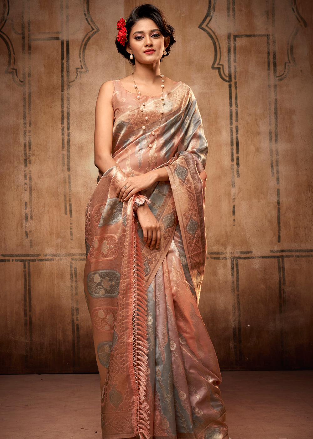 Buy MySilkLove Beaver Grey and Peach Zari Woven Banarasi Organza Saree Online