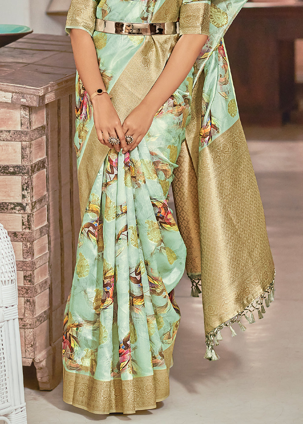 Buy MySilkLove Surf Crest Green Digital Printed Banarasi Saree Online