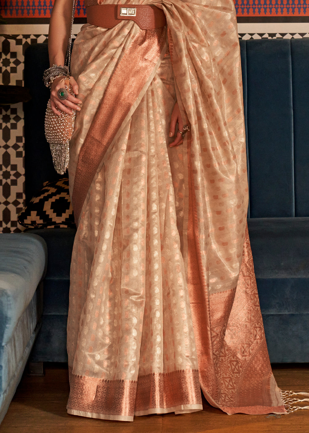 Buy MySilkLove Gold Sand Cream Zari Woven Tissue Saree Online