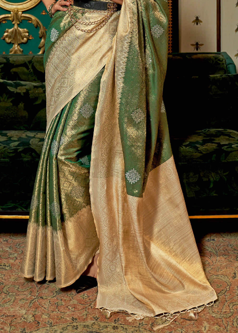 Buy MySilkLove Chalet Green Zari Woven Banarasi Tussar Saree Online