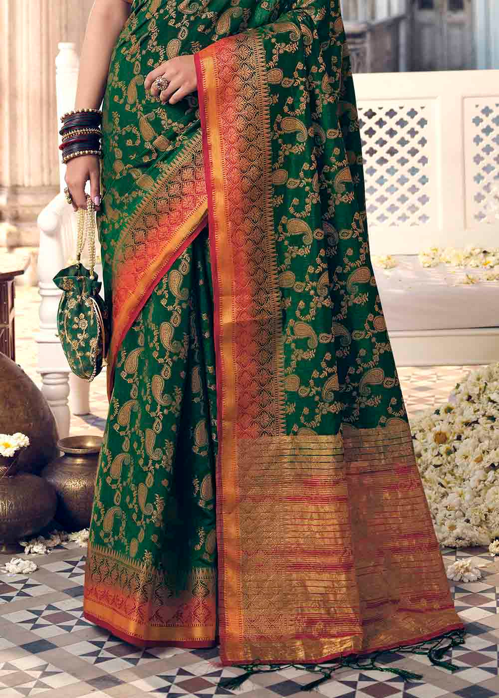 Buy MySilkLove Everglade Green Zari Woven Banarasi Raw Silk Saree Online