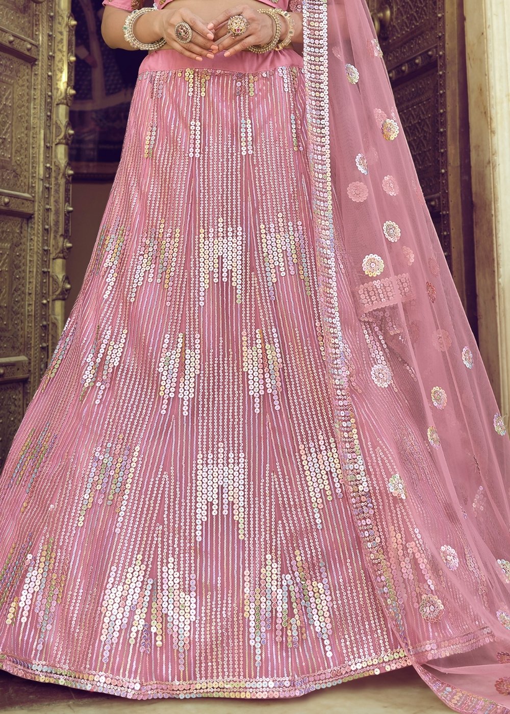 Buy MySilkLove Sundown Pink Soft Net Designer Lehenga Choli Online