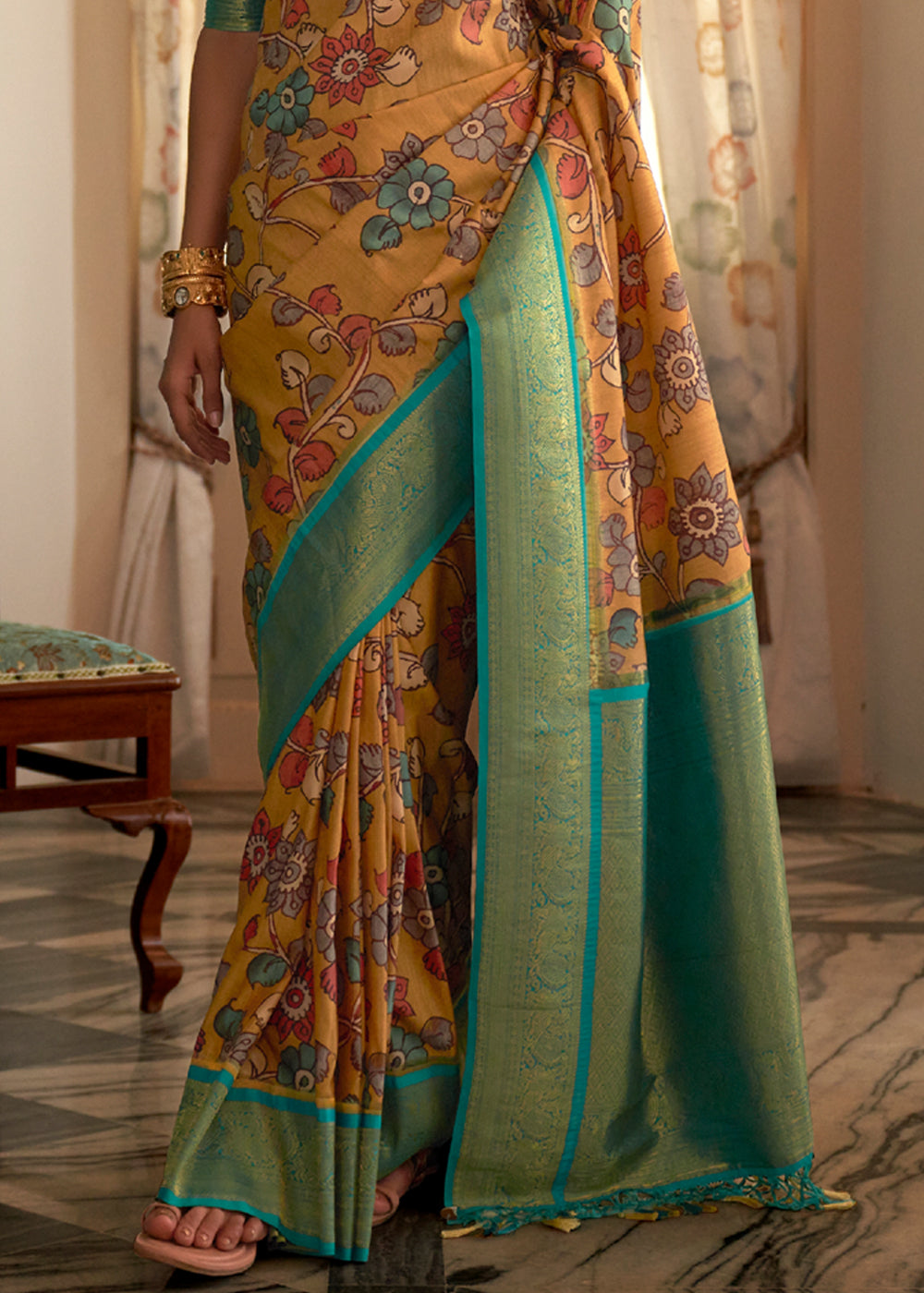 Buy MySilkLove Brulee Yellow Woven Banarasi Tussar Silk Kalamkari Saree Online