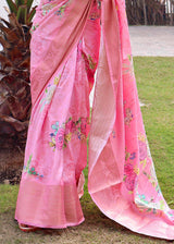 Lavender Pink Floral Printed Soft Silk Saree