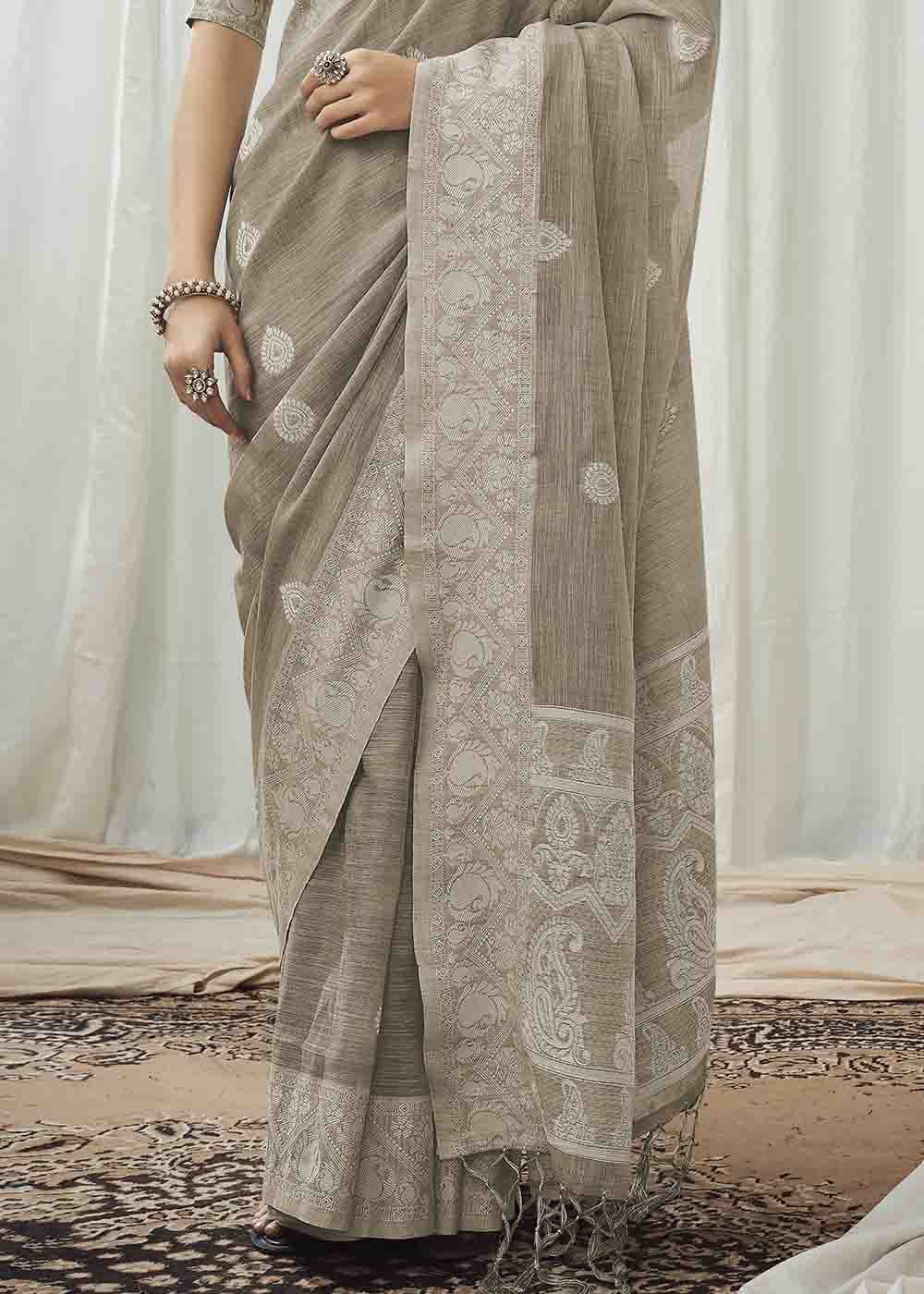 Buy MySilkLove Crocodile Grey Chikankari Linen Saree Online