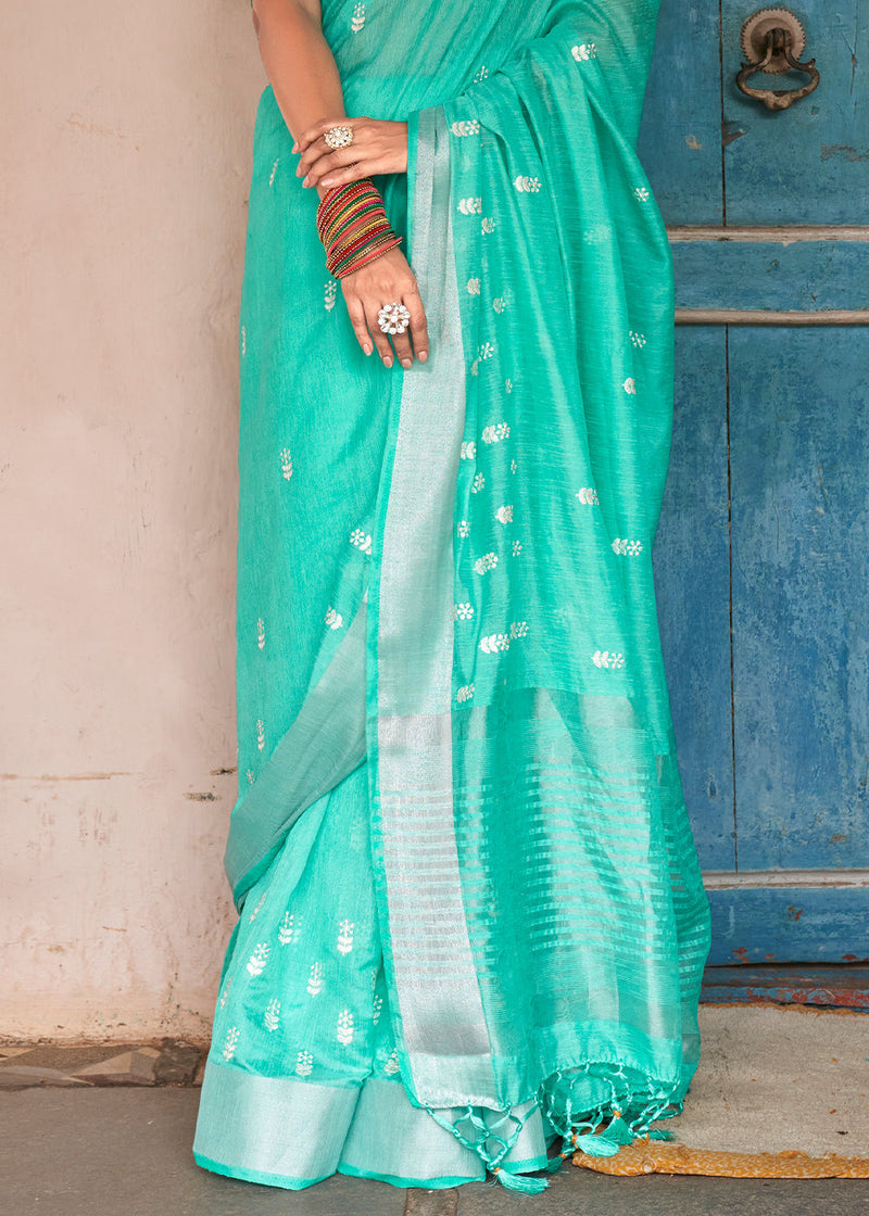 Viking Blue Floral Embroidered Linen Saree
