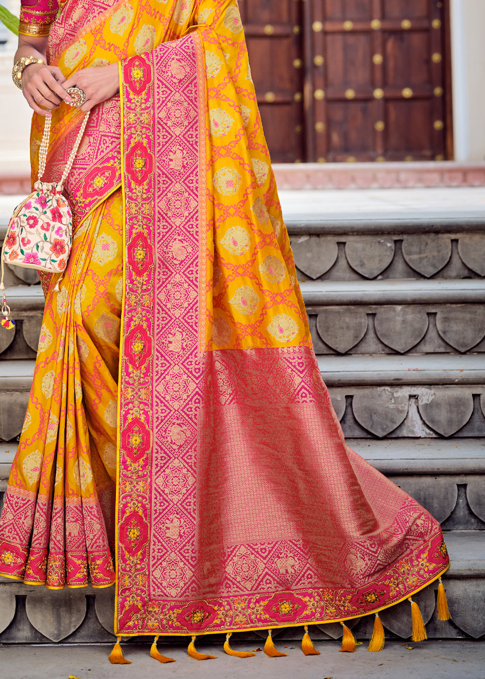 Buy MySilkLove Yellow Orange Zari Woven Designer Banarasi Saree Online
