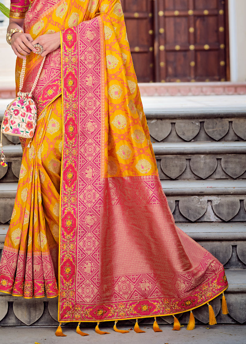 Yellow Orange Zari Woven Designer Banarasi Saree