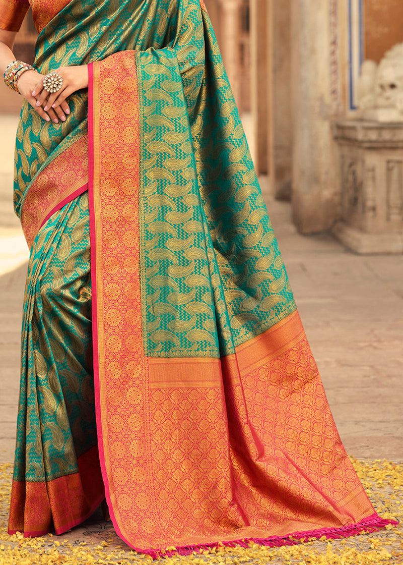 Viridian Green and Red Zari Woven Kanjivaram Saree