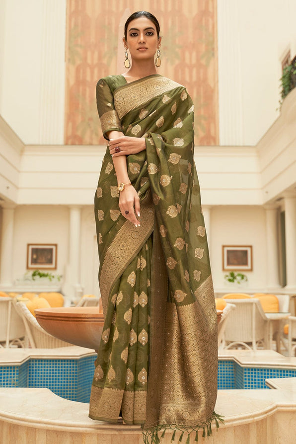 Buy MySilkLove Yellow Metal Green Zari Woven Organza Silk Saree Online