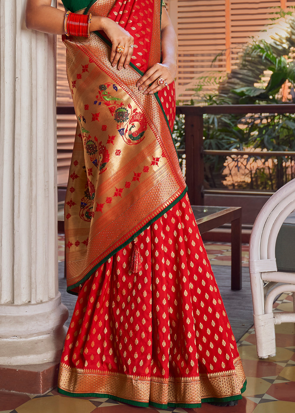 Buy MySilkLove Tomato Red and Green Zari Woven Banarasi Brocade Saree Online