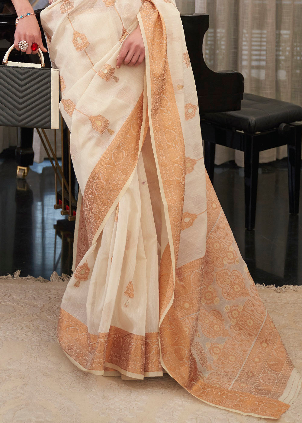 Buy MySilkLove Apricot White Zari Woven Linen Saree Online