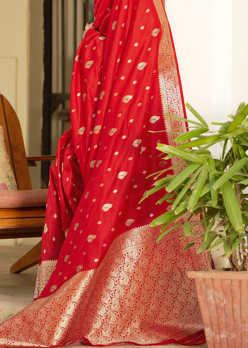 Thunderbird Red Zari Woven Banarasi Silk Saree with Butti Work