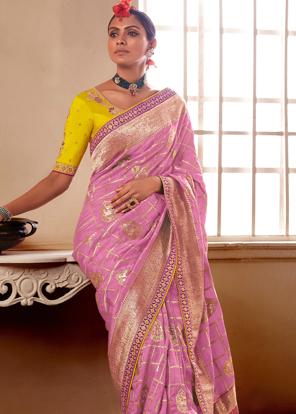 Buy MySilkLove Hopbush Pink and Yellow Banarasi Saree with Designer Blouse Online