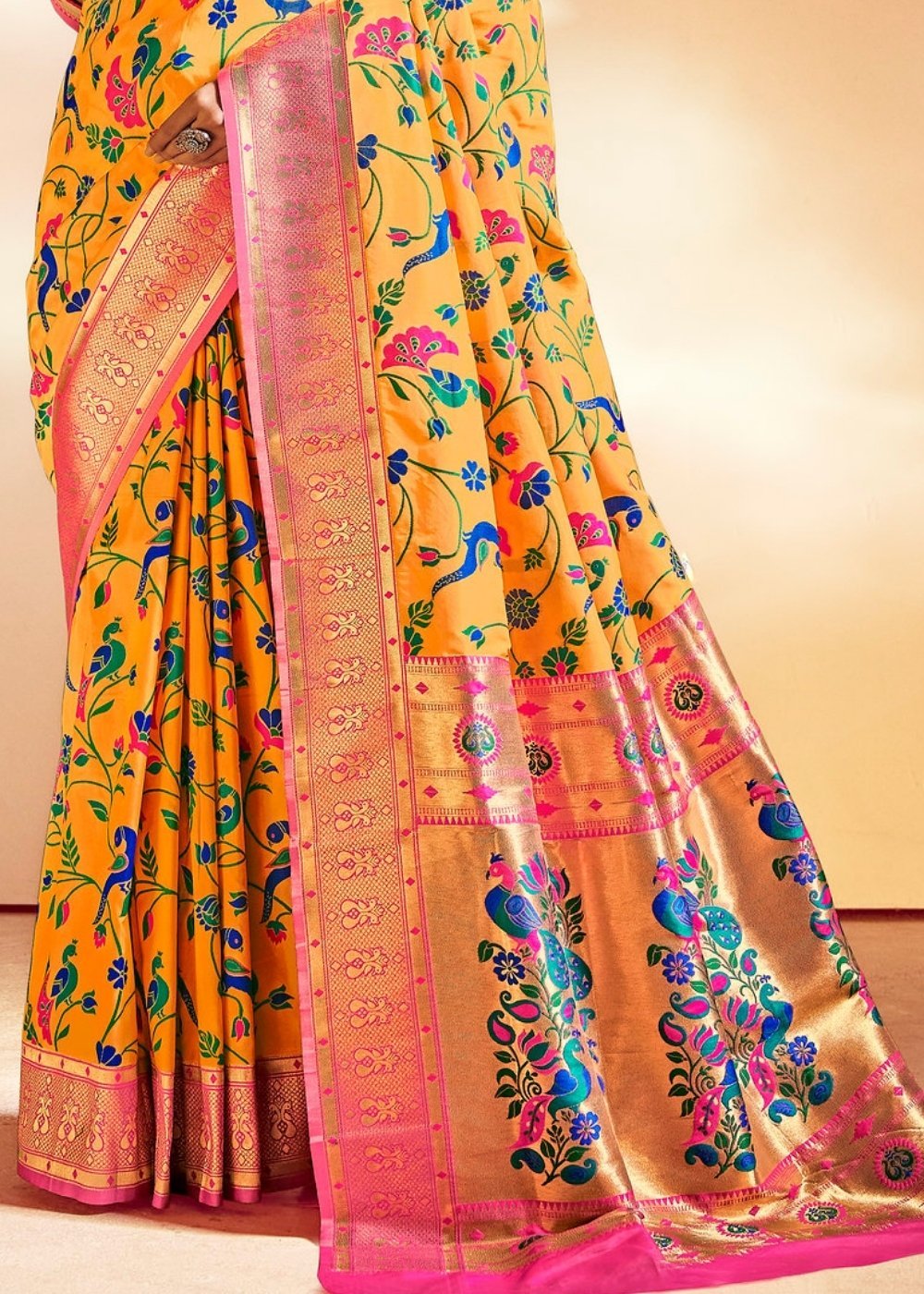 Buy MySilkLove Porsche Yellow Zari Woven Banarasi Paithani Fusion Saree Online