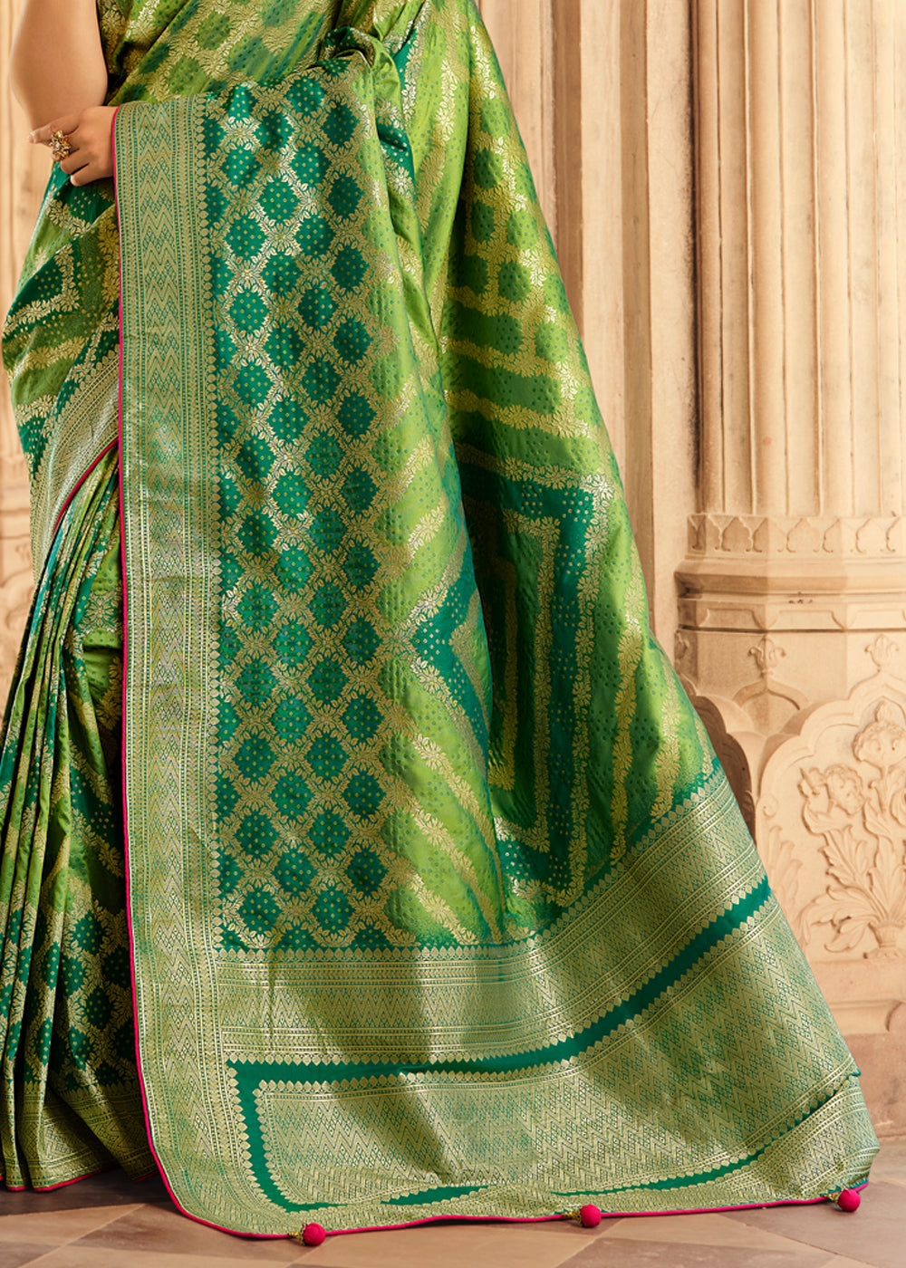 Buy MySilkLove Olive Green and Pink Zari Woven Banarasi Saree with Designer Blouse Online