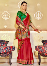 Valencia Red and Green Zari Woven Banarasi Soft Silk Saree