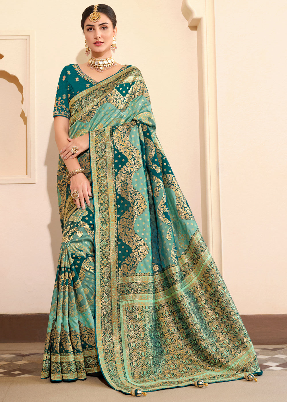 Buy MySilkLove Patina Green and Blue Woven Designer Banarasi Silk Saree Online