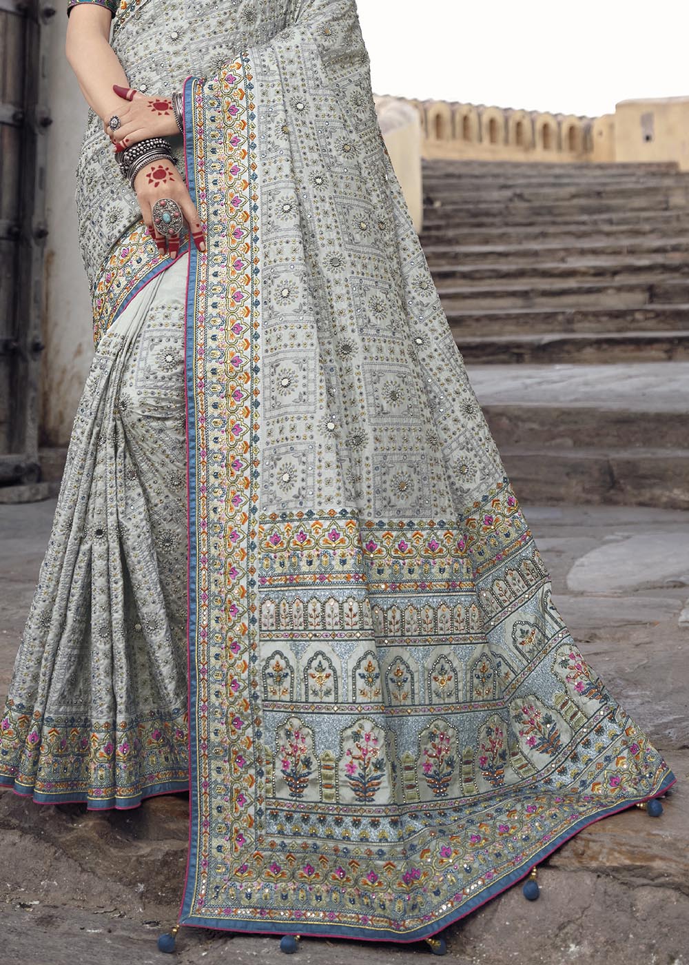 Buy MySilkLove Delta Grey Banarasi Saree with Kachhi,Mirror and Diamond Work Online