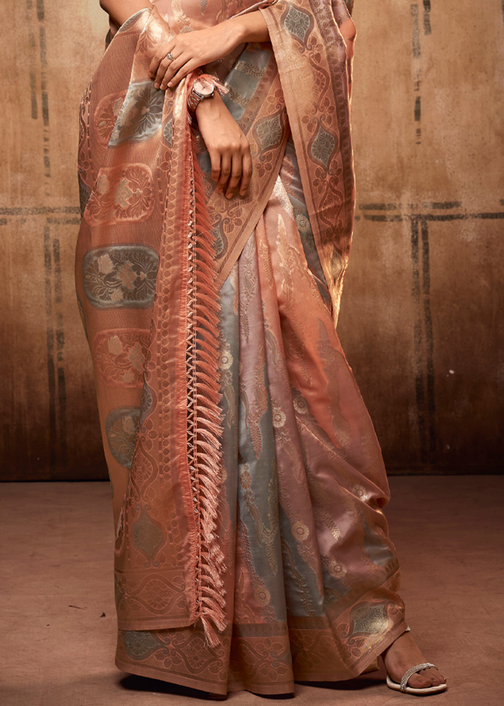 Buy MySilkLove Beaver Grey and Peach Zari Woven Banarasi Organza Saree Online