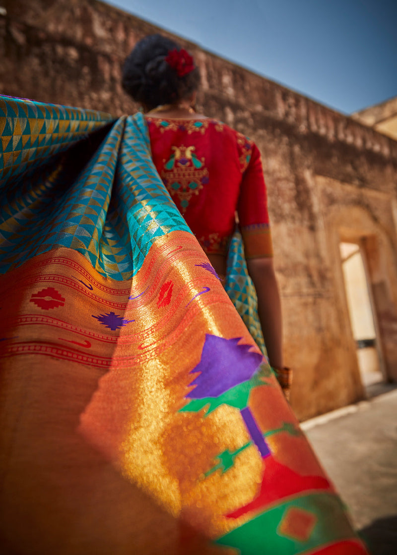 Malachite Blue and Red Zari Woven Designer Banarasi Saree