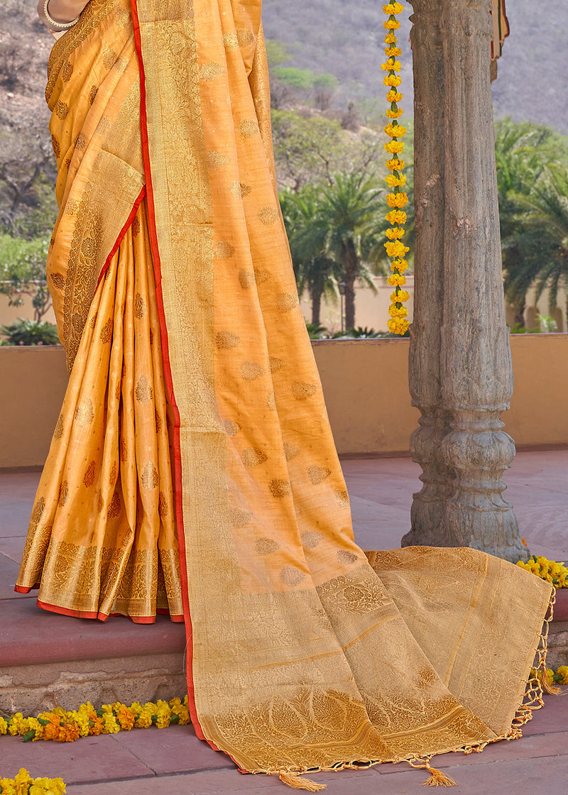 Sandy Yellow Zari Woven Banarasi Linen Saree
