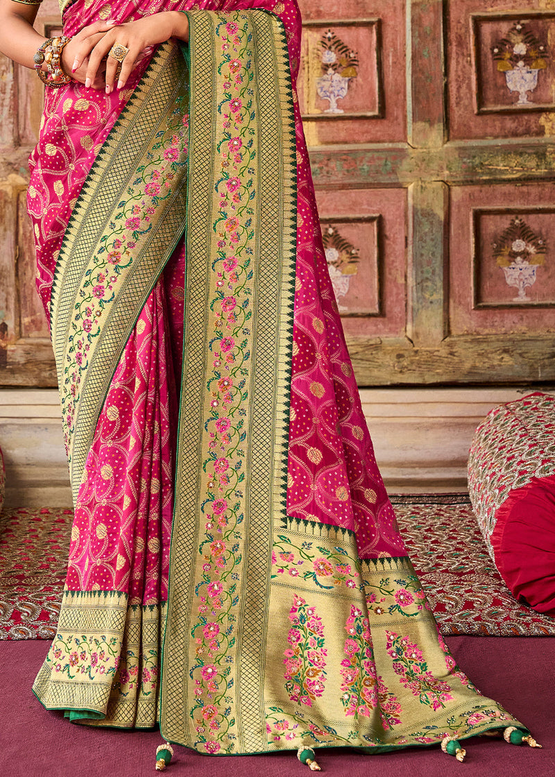 Watermelon Pink and Green Patola Printed Dola Silk Saree With Embroidered Blouse