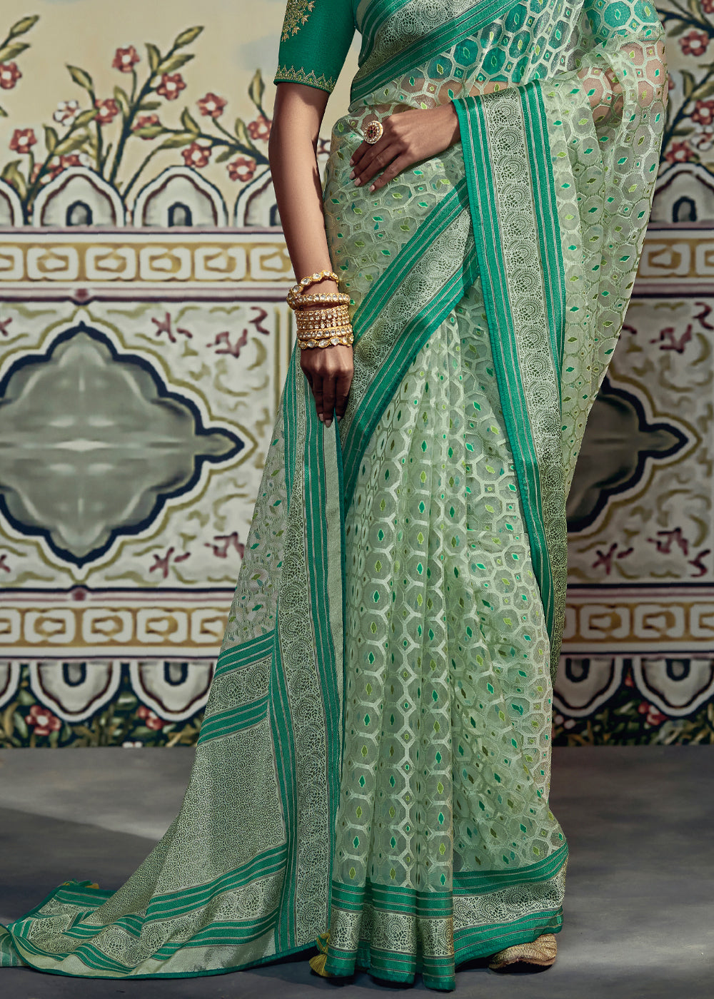 Buy MySilkLove Silver Tree Green Woven Soft Silk Saree with Embroidered Blouse Online