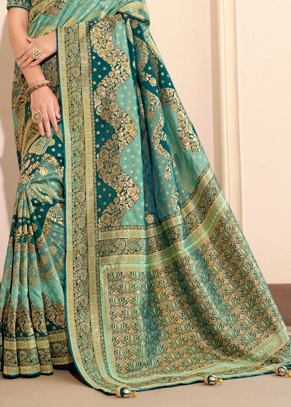 Buy MySilkLove Patina Green and Blue Woven Designer Banarasi Silk Saree Online