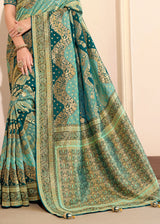 Patina Green and Blue Woven Designer Banarasi Silk Saree