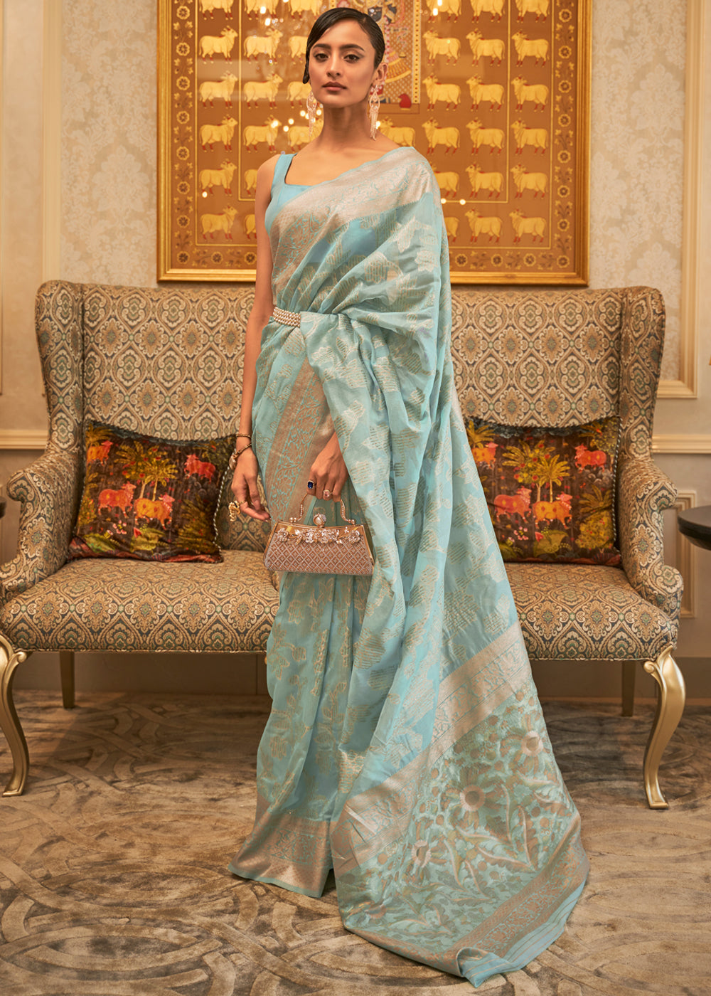 Buy MySilkLove Powder Ash Blue Zari Woven Banarasi Cotton Saree Online