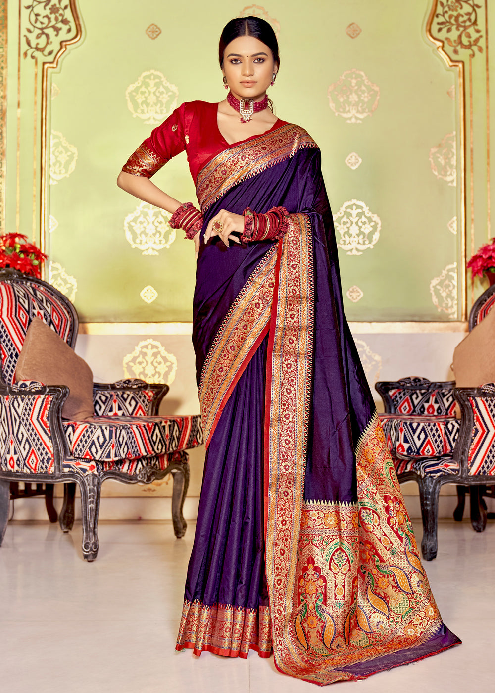 Buy MySilkLove Revolver Purple Zari Woven Banarasi Soft Silk Saree Online