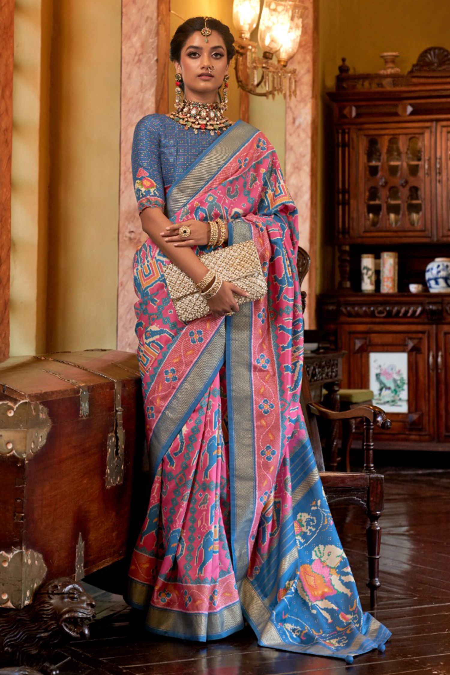 Buy MySilkLove Blush Pink and Blue Woven Patola Silk Saree Online