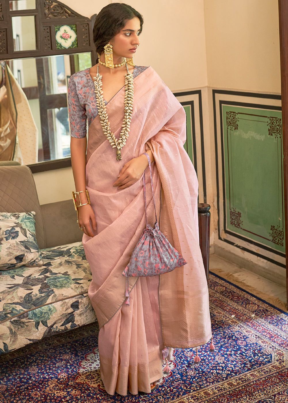 Buy MySilkLove Tumbleweed Pink Tissue Silk Saree with Designer Blouse Online