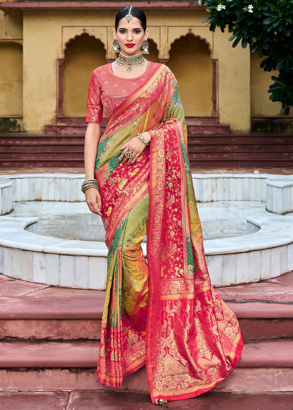 Buy MySilkLove Calico Green Designer Banarasi Saree Online