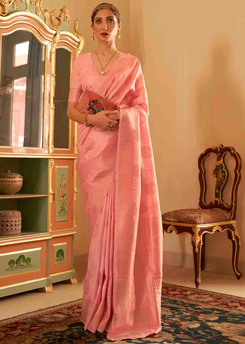 Vivid Tangerine Pink Banarasi Silk Handloom Saree